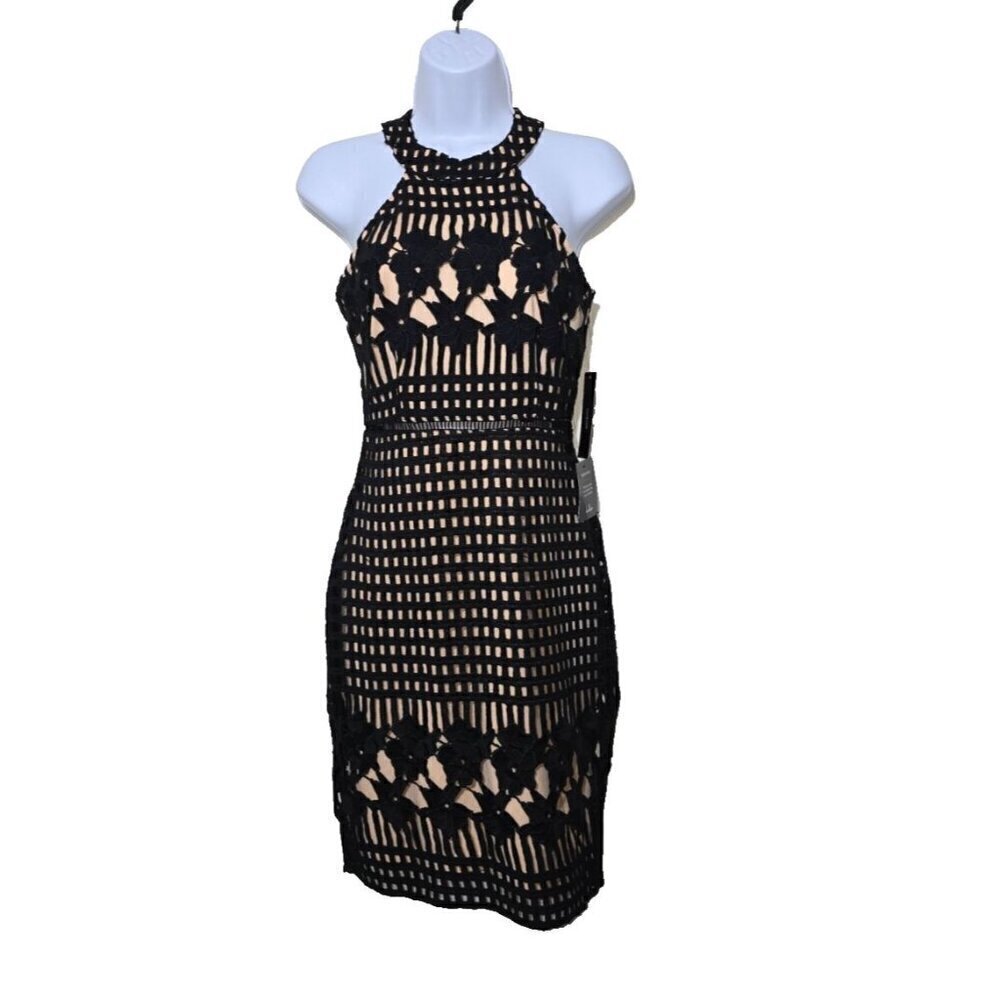 Lulus Dress Sz XS Black Tan Lace Floral Crochet Halter LBD Sexy Cocktail Revenge
